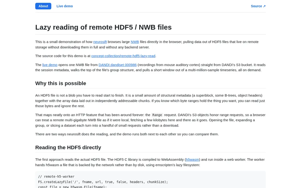 Screenshot of concept-collection.github.io/remote-hdf5-lazy-read
